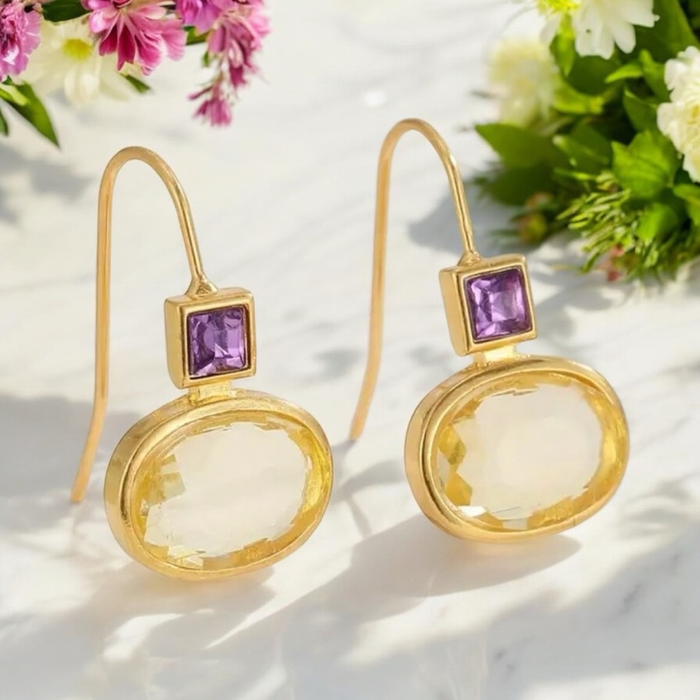Bohemian Boho Amethyst Citrine Gemstone Hoop Earrings for Women – Elegant Casual